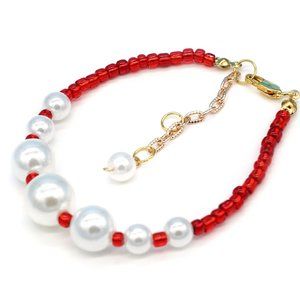 Bracelet Seed beads, Red & White. Adjustable.